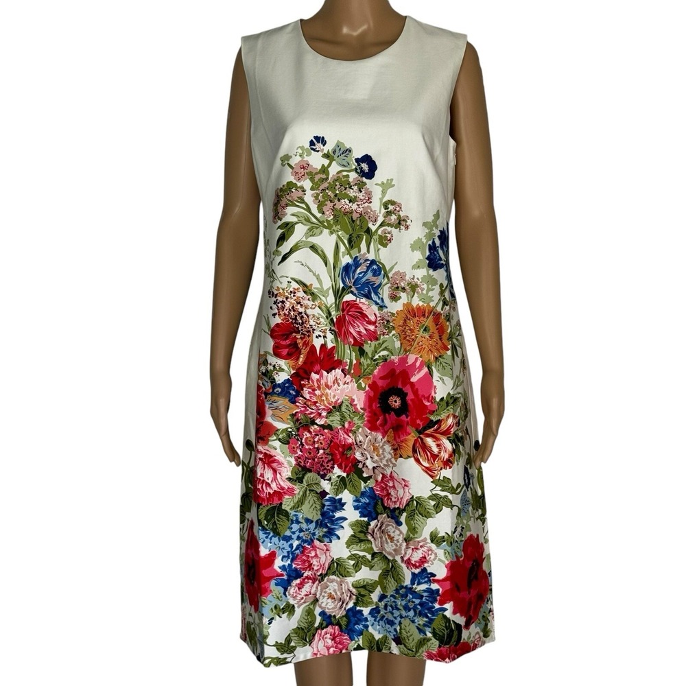 Norm Thompson Floral Sheath Dress White Red Blue Sleeveless Petite Medium PM